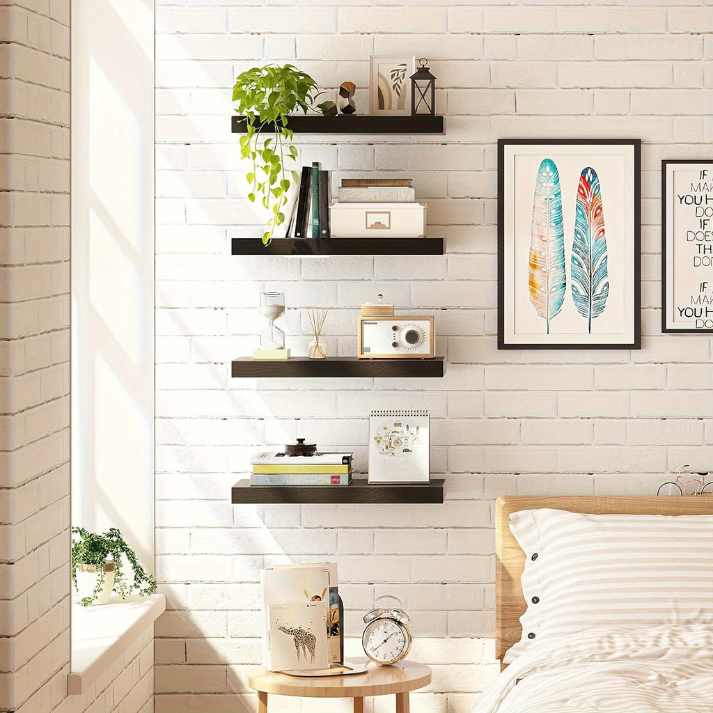 Rustic Wood Floating Shelves by TOMNK with Listed 15.8-Inch Size, Four or Eight-Piece Wall Shelf Sets for Bedroom, Living Room and Kitchen Storage Displays