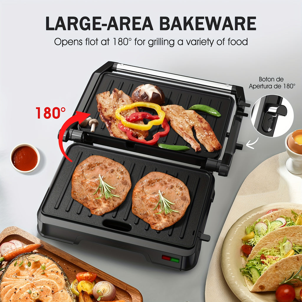 Two-Slice Panini Grill Press in Black with Listed 850W Heating, Nonstick Plate Design and 180-Degree Opening for Sandwich Toasting and Home Kitchen Cooking