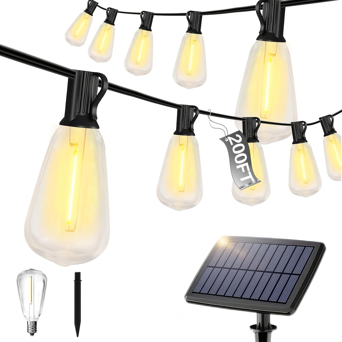 Teardrop Solar String Lights with 2700K Warm ST38 LED Filament Bulbs, Dimmable Outdoor Patio Decor in 50, 120, 150 or 200ft Length Options