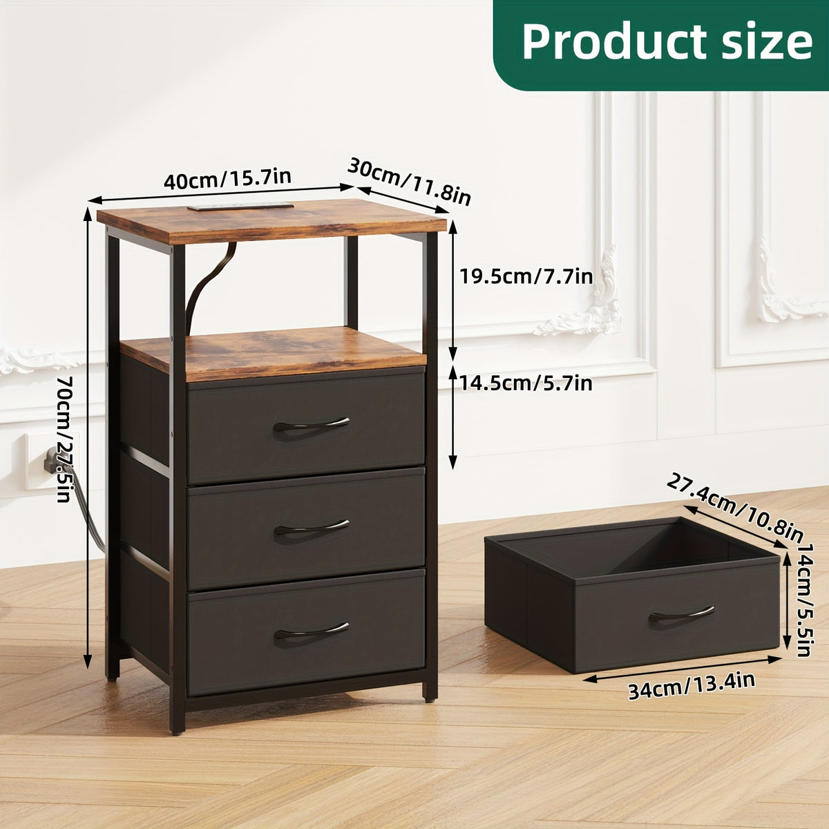 Three-Drawer Fabric Nightstand by WHONLINE with Metal Frame, Open Wood Shelves and Adjustable Feet, Single or Two-Piece Options for Bedroom and Dorm Storage