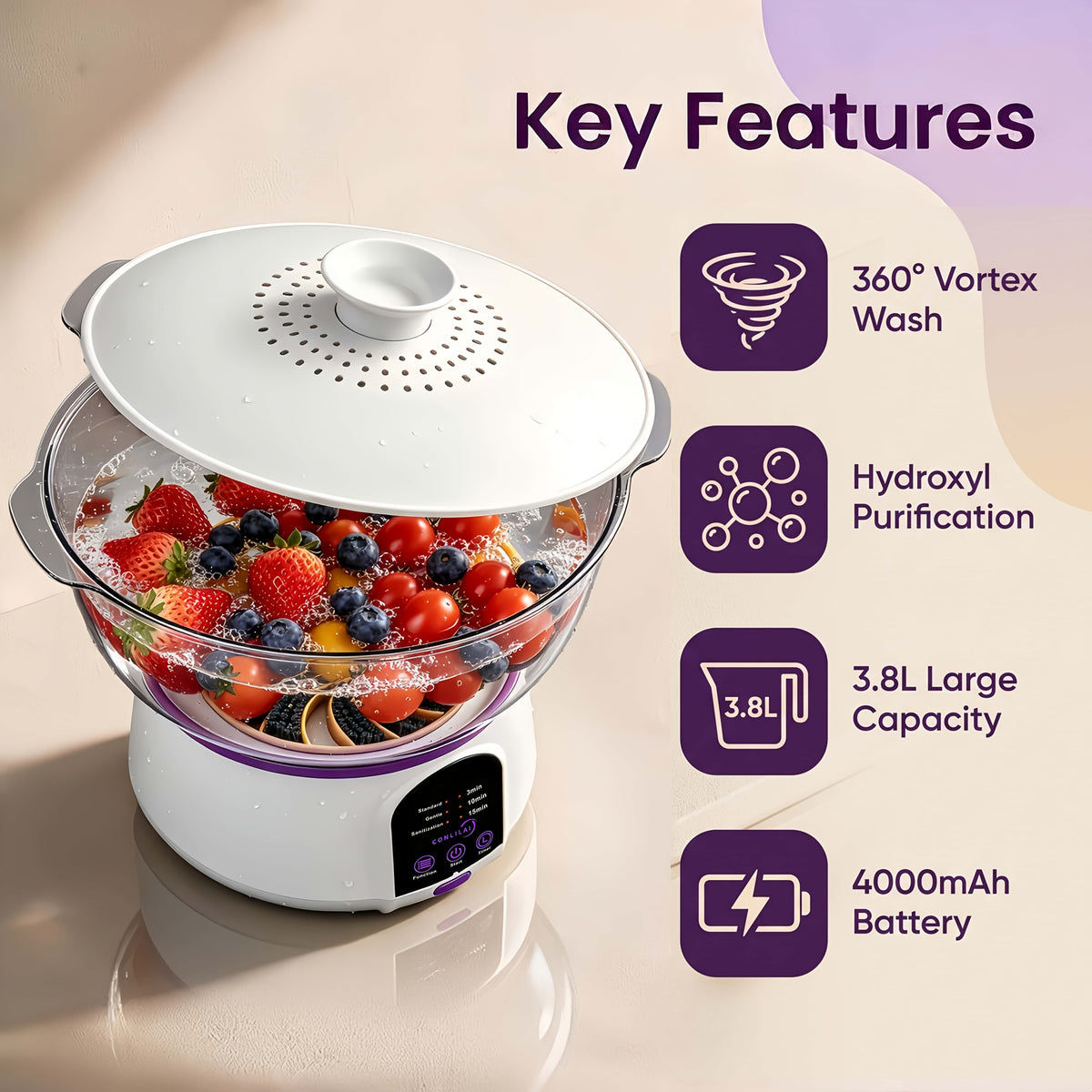 USB Rechargeable Fruit Vegetable Cleaner, Oversized Portable Food Purifier with Multi-Battery Design for Long Endurance, High-Efficient Produce Washer for Home, Picnic and Travel, Stylish Kitchen Gadget, Gift for Mom