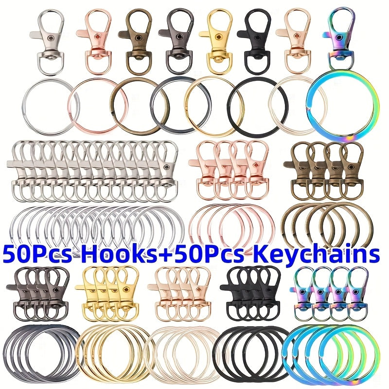 Keychain Hardware Kit 100 Pieces, Random Multicolor Set with 50 Swivel Keychains and 50 Metal Lobster Hooks for DIY Lanyards and Backpack Charms