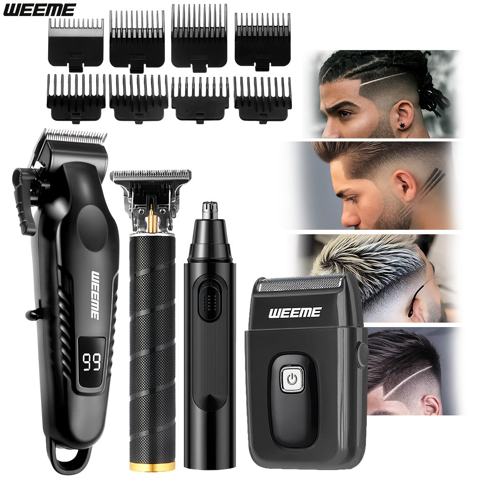 Four-Piece Men's Grooming Set in Black with Hair Clipper, Nose Trimmer, Electric Shaver and T9 Detailer, Listed USB Rechargeable Design and Eight Guide Combs