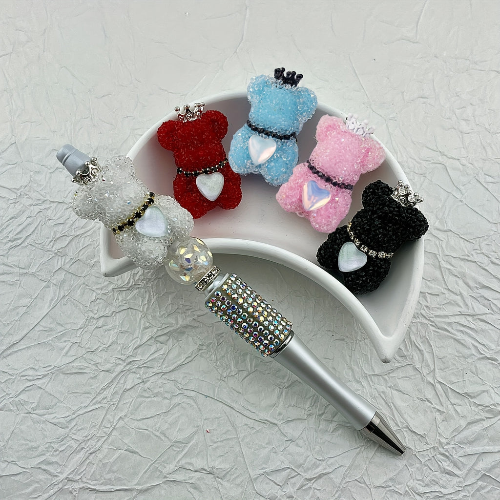 Rhinestone Bear Beads Five-Piece Craft Set with Listed 39mm Size and Crown or Heart Design References for DIY Beaded Pens, Keychains and Jewelry Projects