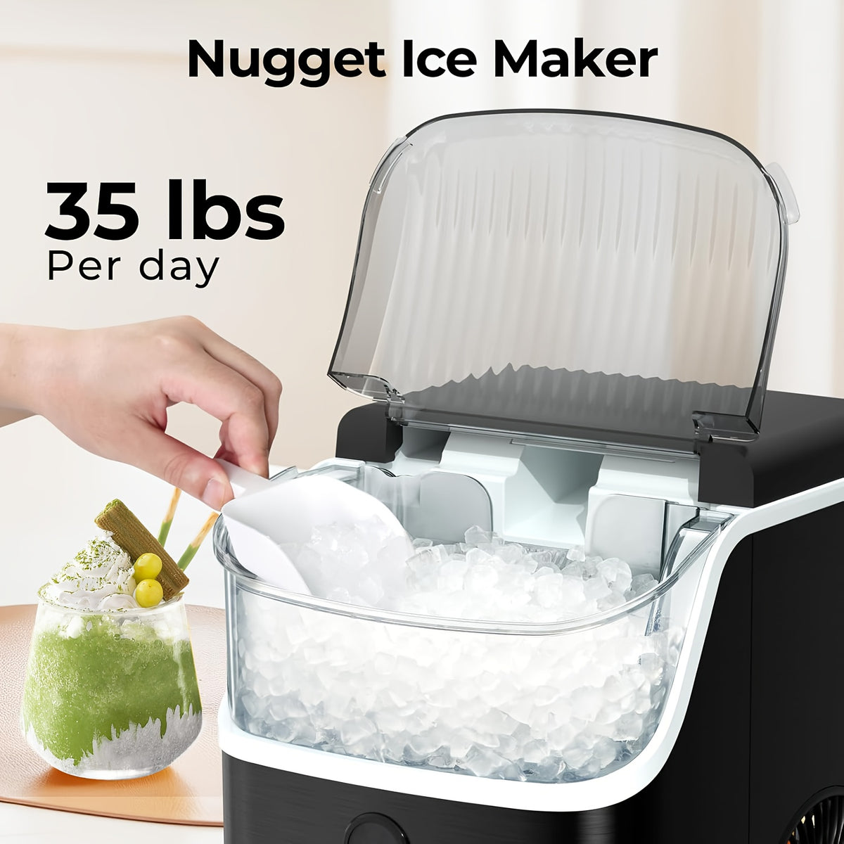 Automatic-Cleaning Countertop Ice Machine with Silvery, Black-Bullet Ice and Grey-Bullet Ice Options for Kitchen Drinks, Home Bar Setup and Party Preparation
