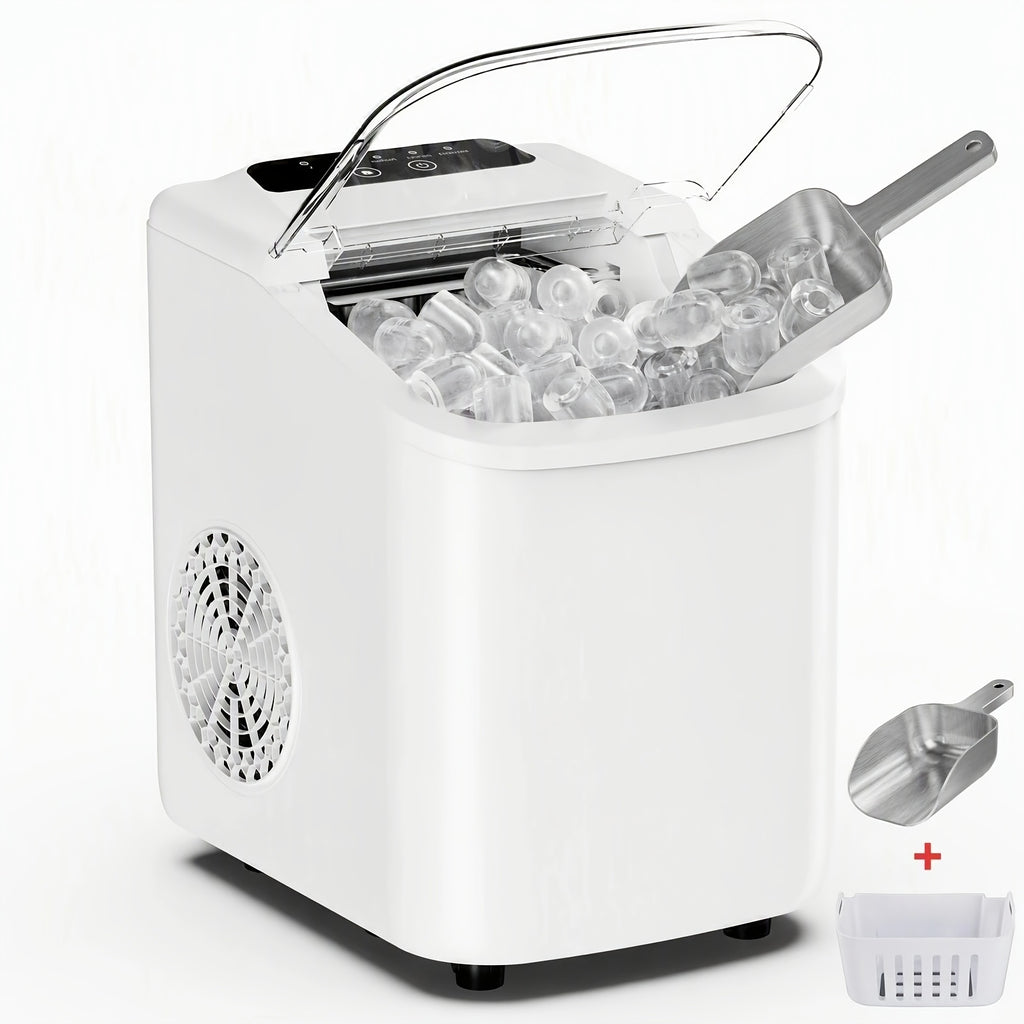 White Bullet Ice Maker with Carry Handle, Self-Cleaning Function, Ice Scoop and Basket, Listed Nine-Cube Six-Minute Cycle for Kitchen, Office and Party Drinks