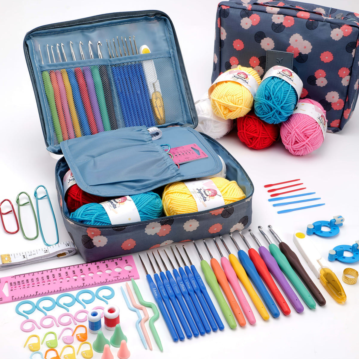 Soft-Grip Crochet Starter Kit with 17 Crochet Hooks, Five Acrylic Yarn Skeins and Printed Storage Bag, Beginner Craft Tools for Coasters, Scarves and Amigurumi