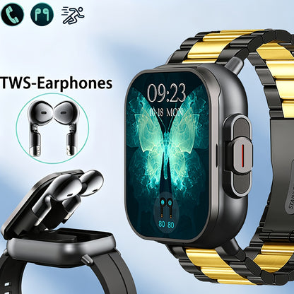 2-in-1 Smartwatch and Wireless Earbuds for Men with Music Control, Sports Modes and Activity Insights, Black or Silvery Watch and Steel Strap Options