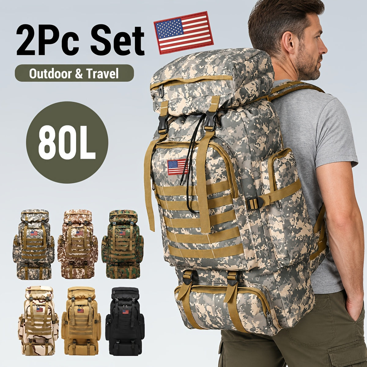 Hiking Backpack with Listed Flag Patch and Large-Capacity Rucksack Design, Seven Solid Color and Camouflage Options for Camping Gear and Outdoor Travel