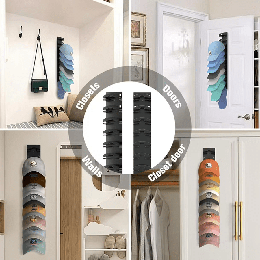 Baseball Cap Rack in Black or White with Multi-Layer Wall Storage, Single Plastic Hat Organizer with Listed Up-to-20-Cap Capacity and Two Mounting References