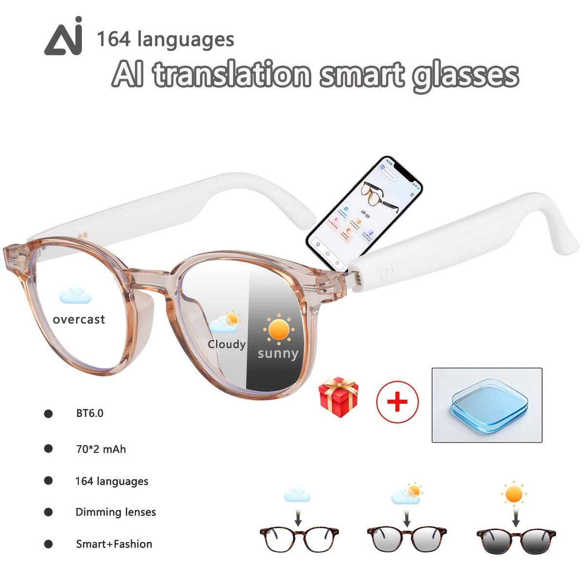160 Language Translation Smart Glasses, AI Audio Glasses with ChatGPT, HD Calls & HiFi Music, Built-in Mic & Speaker, Photochromic Lenses, Real-Time Translator Eyewear for Travel, Meetings, Men & Women