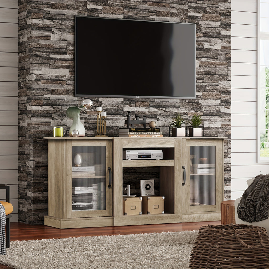Retro TV Stand with Open Storage Shelves, Black, Rustic Brown or Greige Media Console for Compatible Television Setups in Living Rooms and Bedrooms