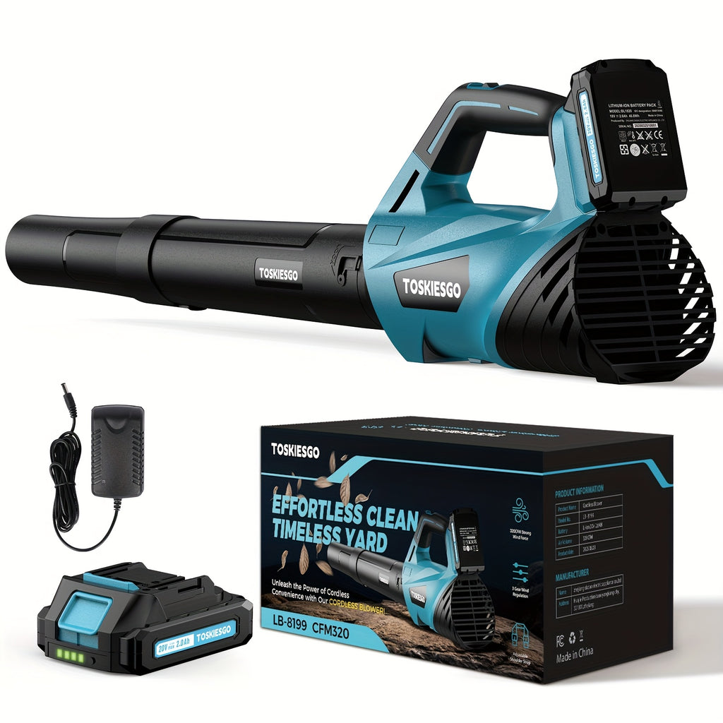 Three-Speed Cordless Leaf Blower with Extension Nozzle and Shoulder Strap References, Blue, Green, Yellow or 420CFM One-Battery Labels for Outdoor Yard Cleanup