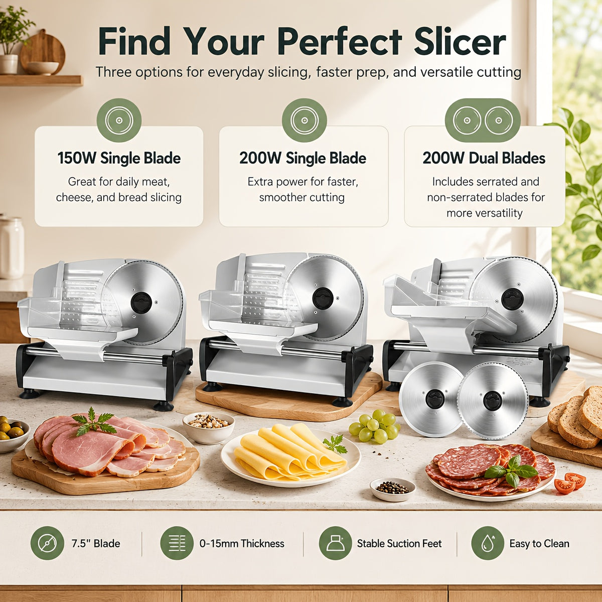Electric Meat Slicer for Home, OSTBA 7.5-Inch Removable Stainless Steel Blade, Adjustable Thickness & Child Lock for Meat, Cheese and Bread
