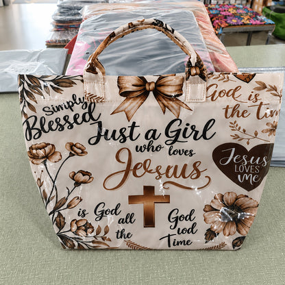 Christian Tote Bag with Floral and Cross Design, Faith-Inspired Glossy Shoulder and Top Handle Handbag for Church, Casual Outings and Everyday Carry