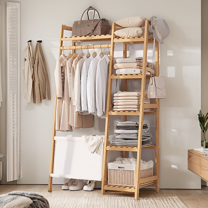 Bamboo Garment Rack with Adjustable Shelves, Five Side Storage Racks and Hat Hooks for Bedroom Organization, Brown or Nature with Four Size and Bag Option Labels