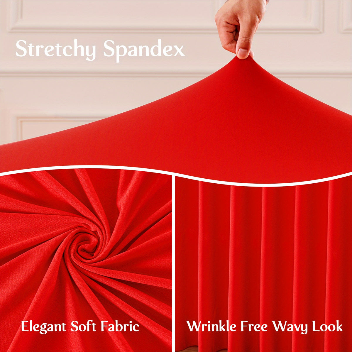 Elastic Polyester Table Cover with Wave Fold Skirt Styling, 4ft or 6ft Table Size Labels in Five Colors for Wedding Buffets, Birthday Parties and Banquet Displays