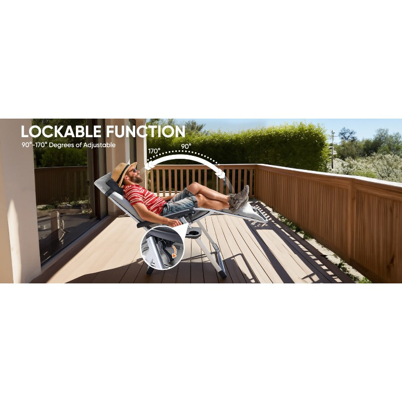 Single Zero Gravity Patio Chair with Removable Cushion and Cup Holder Tray, Foldable Outdoor Recliner in Black or Gray for Beach and Poolside Relaxation
