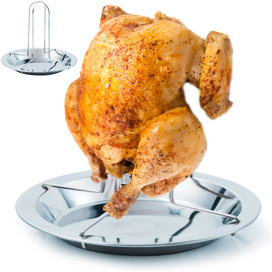 Chicken Roasting Rack with Drip Tray and Foldable Stainless Steel Design, Single Vertical Stand for Compatible Oven, Barbecue and Smoker Cooking