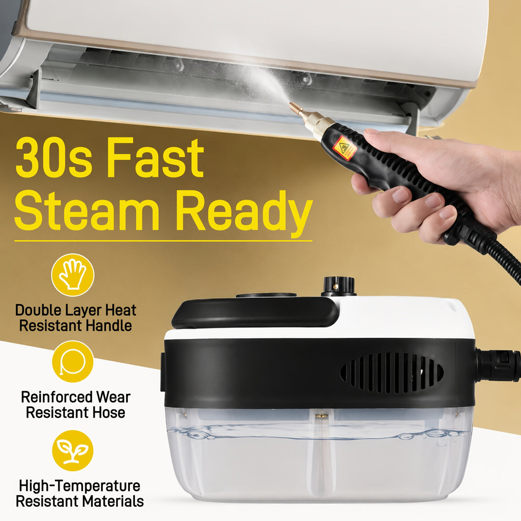 Portable Handheld Steam Cleaner with White 1200W Fixed-Steam or Black and White 1500W Adjustable-Steam Option Labels, Three or Nine Listed Accessories