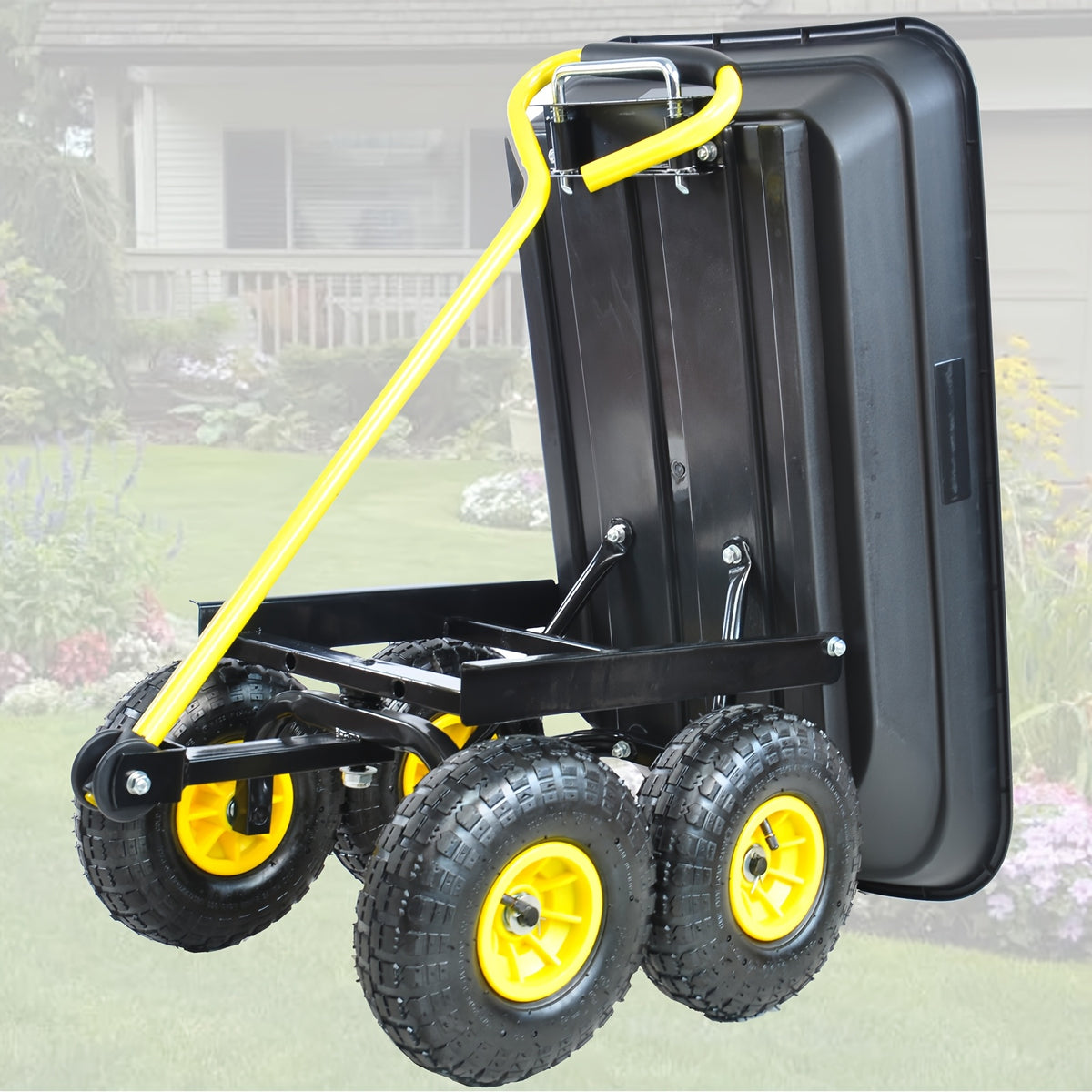 Poly Garden Dump Cart with Steel Frame, Listed 10-Inch Pneumatic Tires and 180-Degree Swivel Handle, Black or Green Option Labels for Lawn and Yard Supply Transport