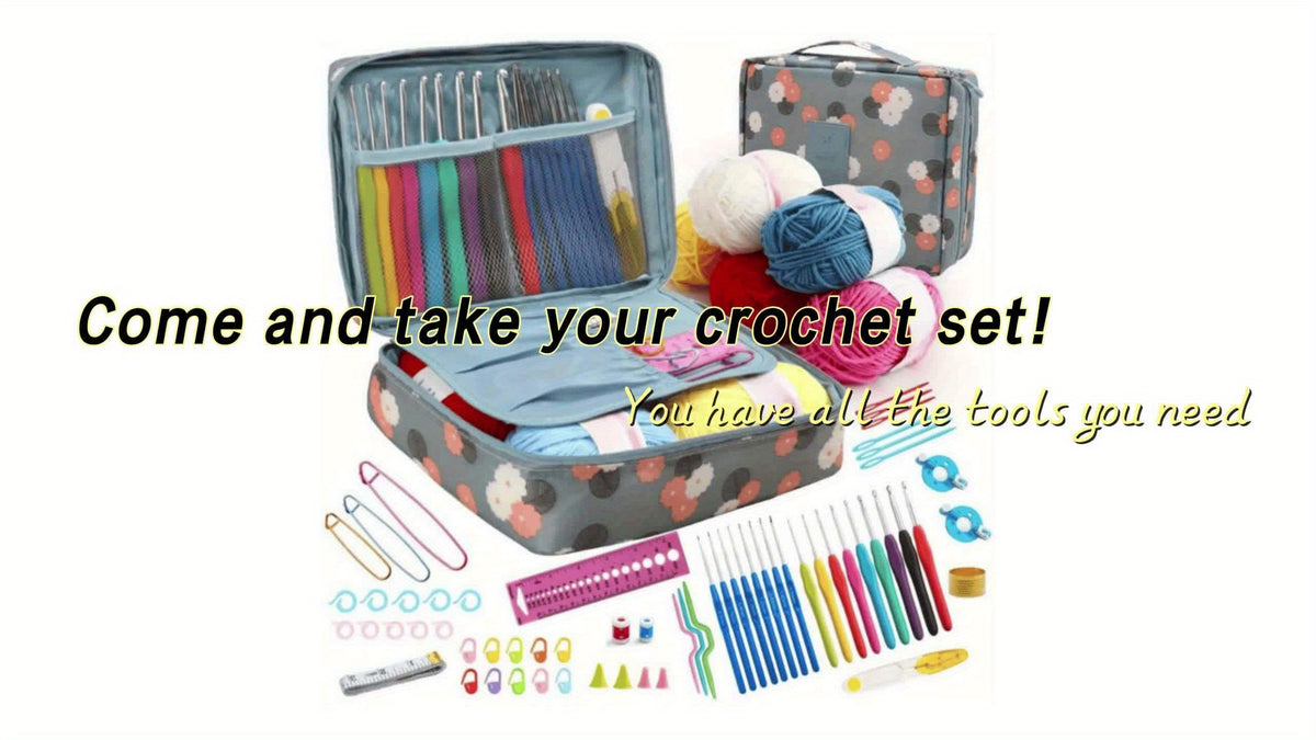 Soft-Grip Crochet Starter Kit with 17 Crochet Hooks, Five Acrylic Yarn Skeins and Printed Storage Bag, Beginner Craft Tools for Coasters, Scarves and Amigurumi
