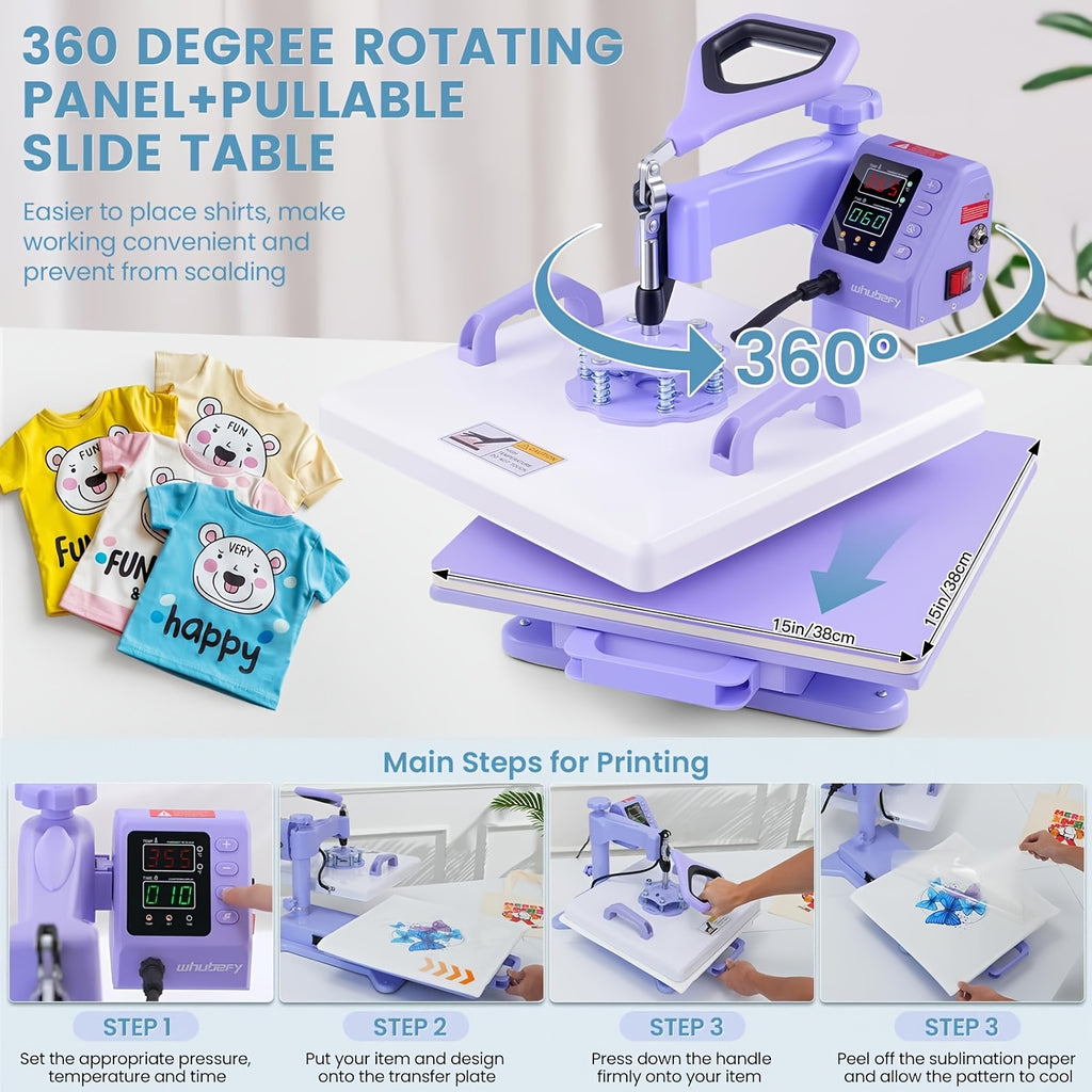 Combo Heat Press Machine with 5-in-1 or 8-in-1 Attachment Sets, 15x15 and 15x12 Inch Options or 12x10 Inch Textile-Only Press for DIY Customization