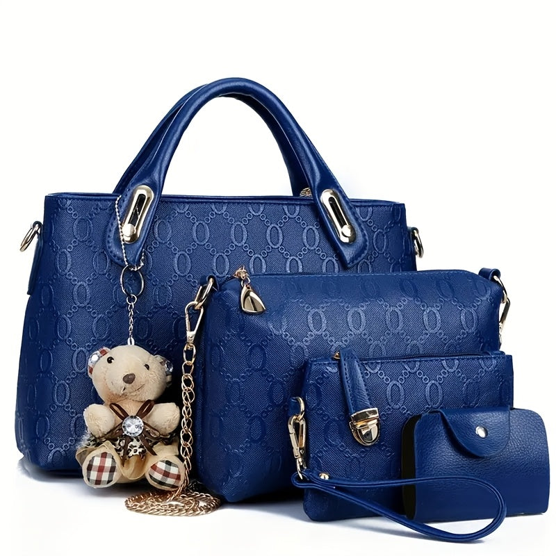 Women's Four-Piece Handbag Set with Random-Style Bear Pendant Reference, Black, Beige, Golden or Deep Blue Options for Daily Commuting and Casual Outings