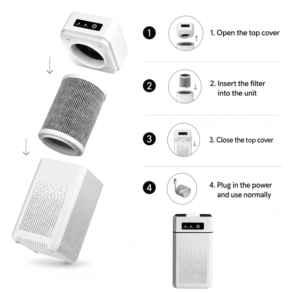 Portable USB Air Purifier in White with Listed H13 True HEPA and Activated Carbon Filters, Small-Space Air Cleaner for Bedroom and Home Office Placement