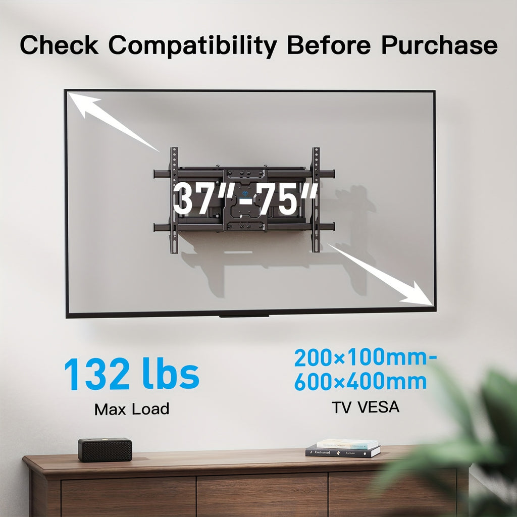 TV Wall Mount Full Motion for 37-75 Inch TVs, Articulating Dual Arms with Swivel, Tilt & Leveling, 132 Lbs Capacity, Max VESA 600x400mm, Fits 16-24 Inch Wood Studs, for OLED LCD LED Flat & Curved TVs