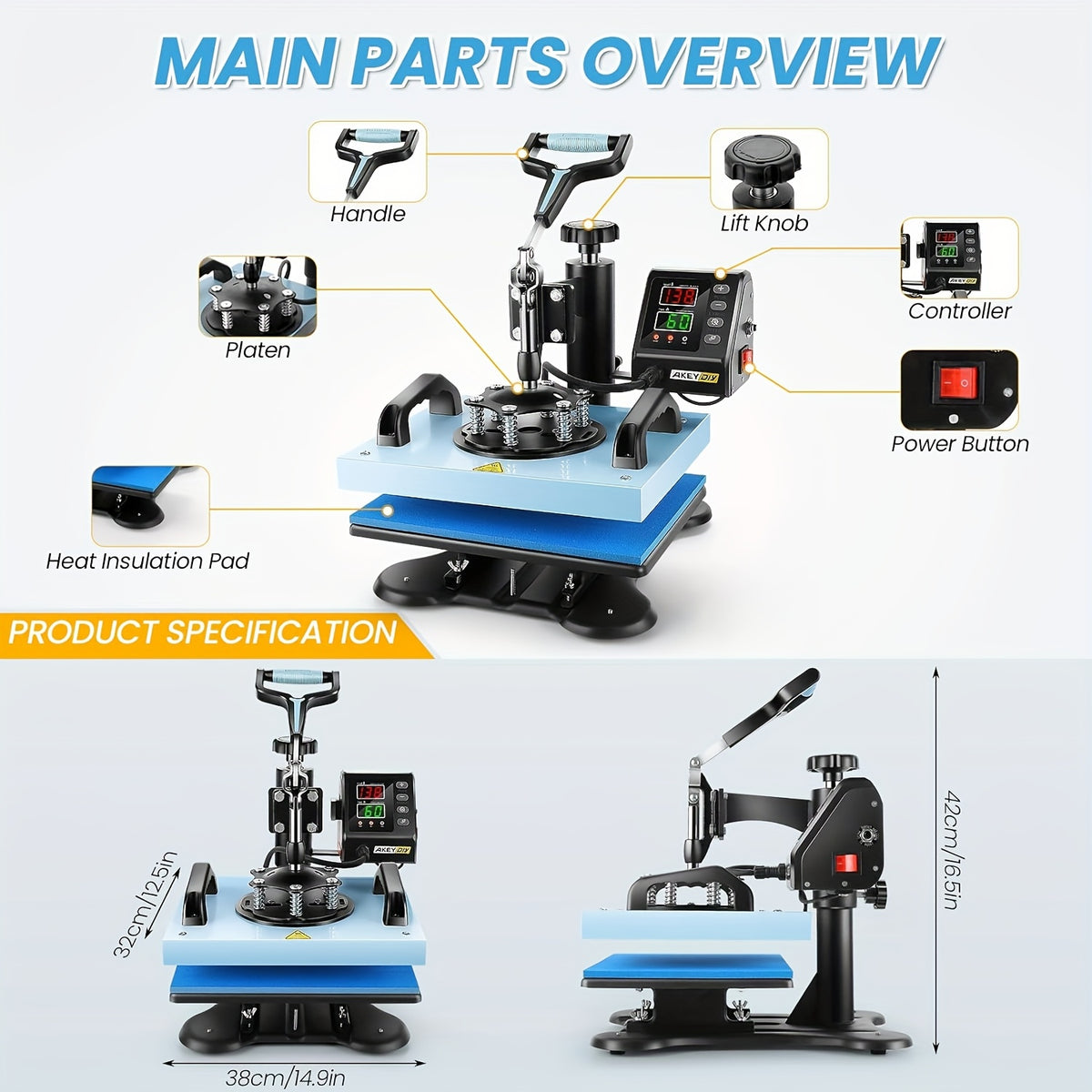 Combo Heat Press Machine with 5-in-1 or 8-in-1 Attachment Sets, 15x15 and 15x12 Inch Options or 12x10 Inch Textile-Only Press for DIY Customization