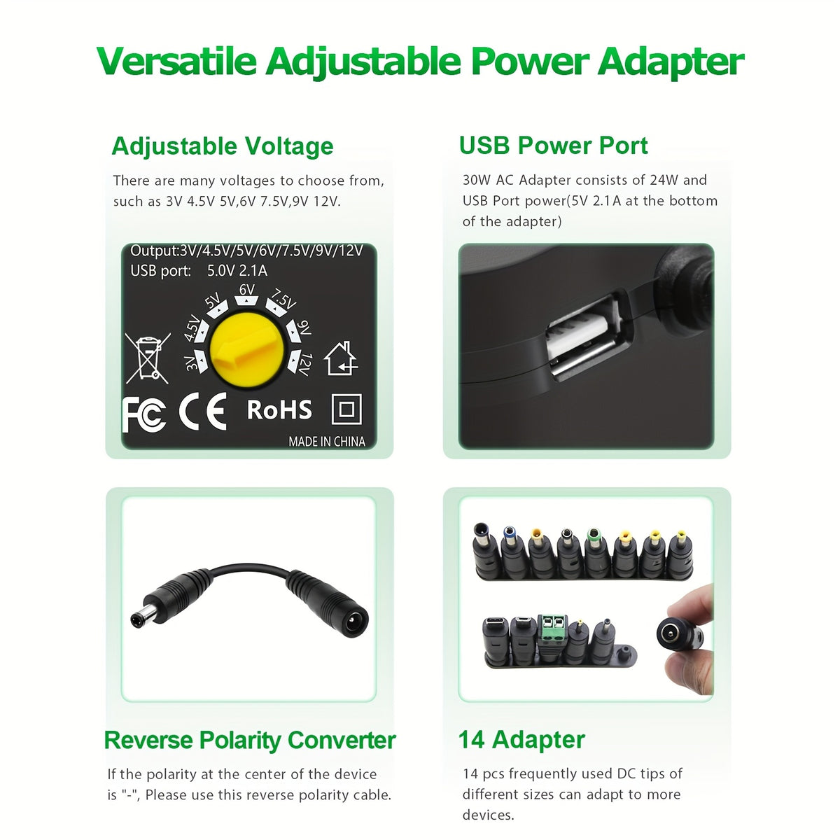 Adjustable AC/DC Power Adapter by ALITOVE, 3V–12V Selectable Output, 30W Maximum, 14 Connector Tips and Listed 5V 2.1A USB Port for Compatible Electronics