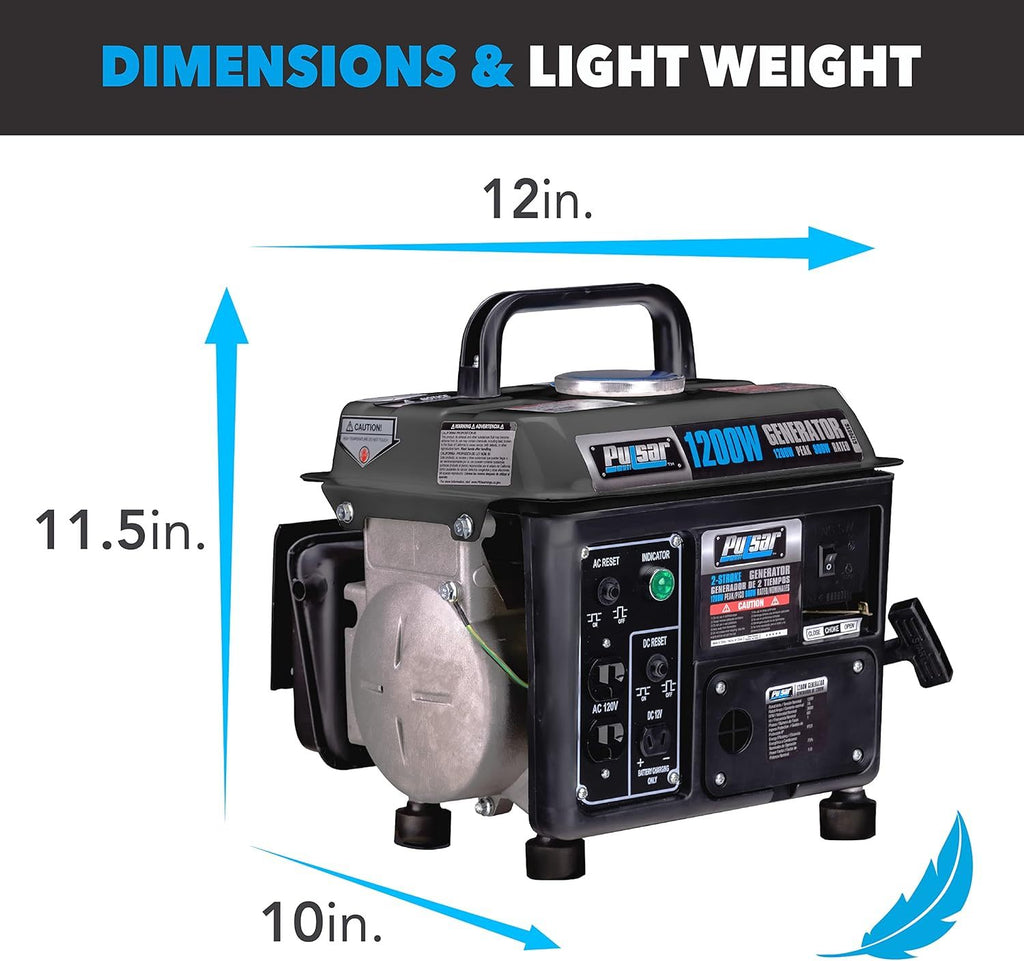 Gas-Powered Portable Generator by Pulsar with Carrying Handle, Listed 1200 Peak and 900 Running Watts, Recoil Start and 120V Outlets for Outdoor Power