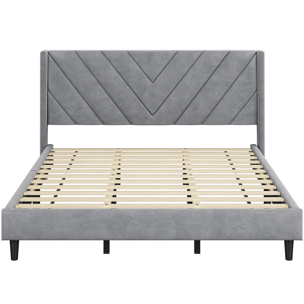 Velvet Platform Bed Frame by Costoffs with Wingback Headboard and Geometric Stitching, Wooden Slat Support, No Box Spring Needed, Twin to King Options