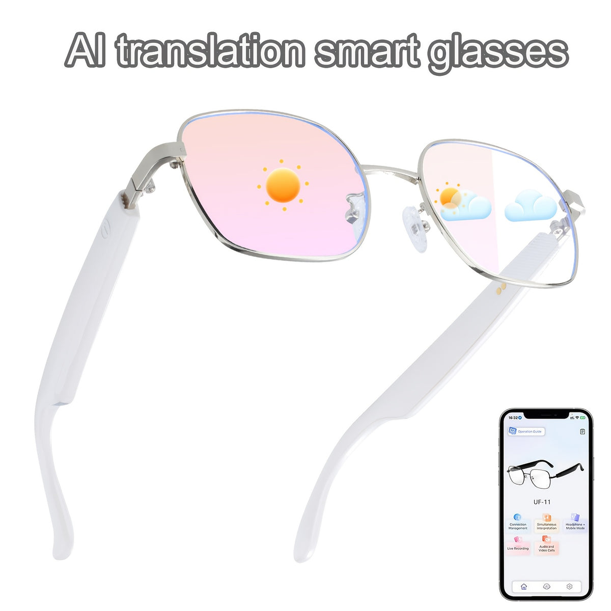 160 Language Translation Smart Glasses, AI Audio Glasses with ChatGPT, HD Calls & HiFi Music, Built-in Mic & Speaker, Photochromic Lenses, Real-Time Translator Eyewear for Travel, Meetings, Men & Women