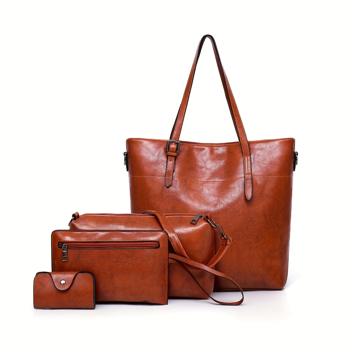 Retro PU Handbag Set for Women, Listed Four-Piece Tote, Crossbody, Shoulder Bag and Wallet Collection in Brown Plus, Black Plus or Blue for Shopping and Date Nights