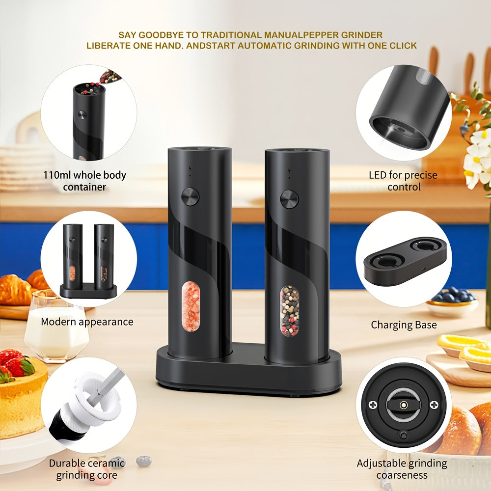 LED Salt and Pepper Grinder with Rechargeable Electric Grinding and Adjustable Coarseness, Black or Green Options Including Two-Piece Charging-Base Labels
