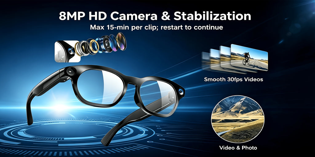 AI Camera Glasses in Black with Photochromic Lens Option, Listed 8MP Camera, 320mAh Battery, Touch-Control Audio, Calls and Translation for Travel and Work