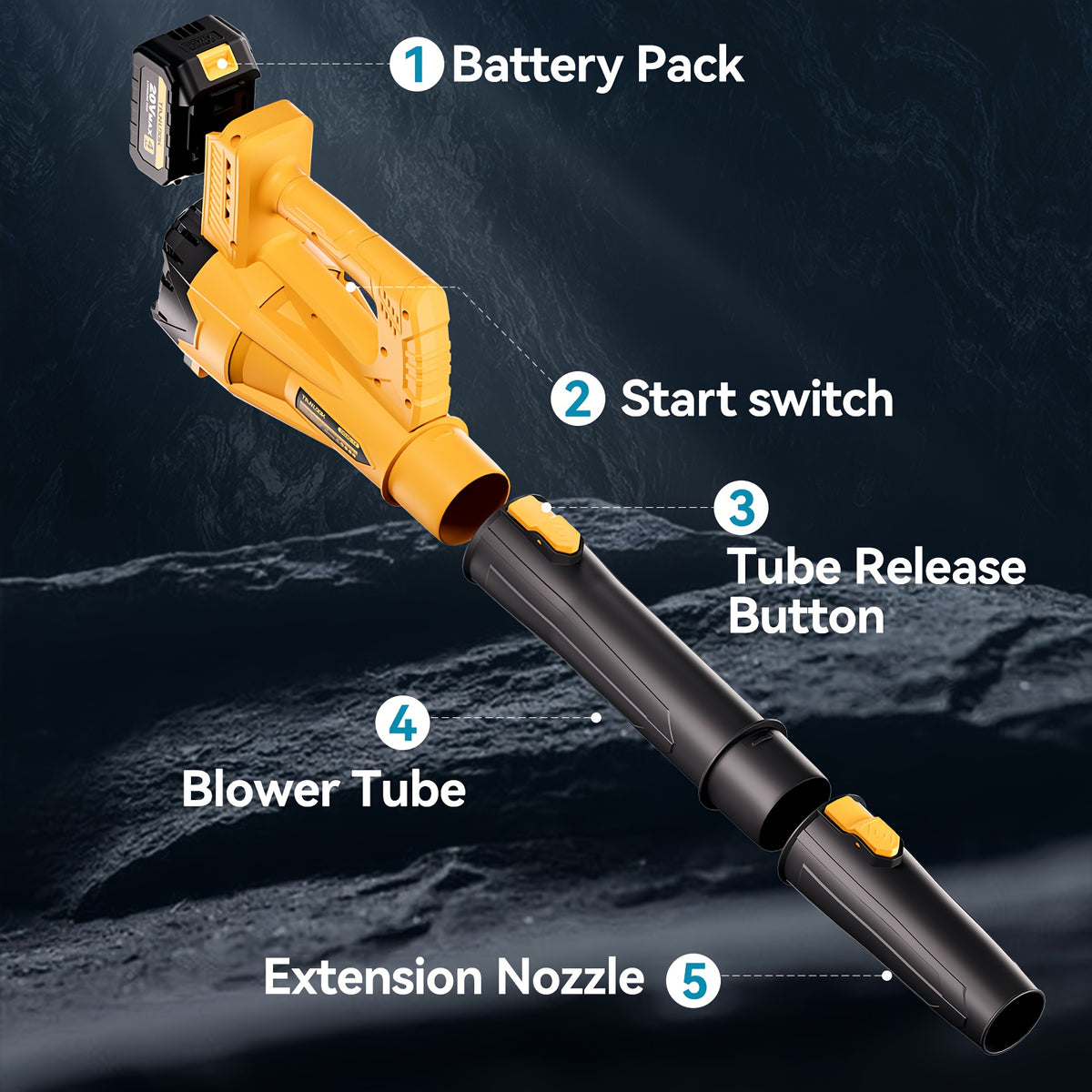 Extended-Nozzle Cordless Leaf Blower, Anti-Slip Handle with Yellow One- or Two-Battery Choices and Selected Six-Speed Models for Lawn, Patio and Yard Cleanup