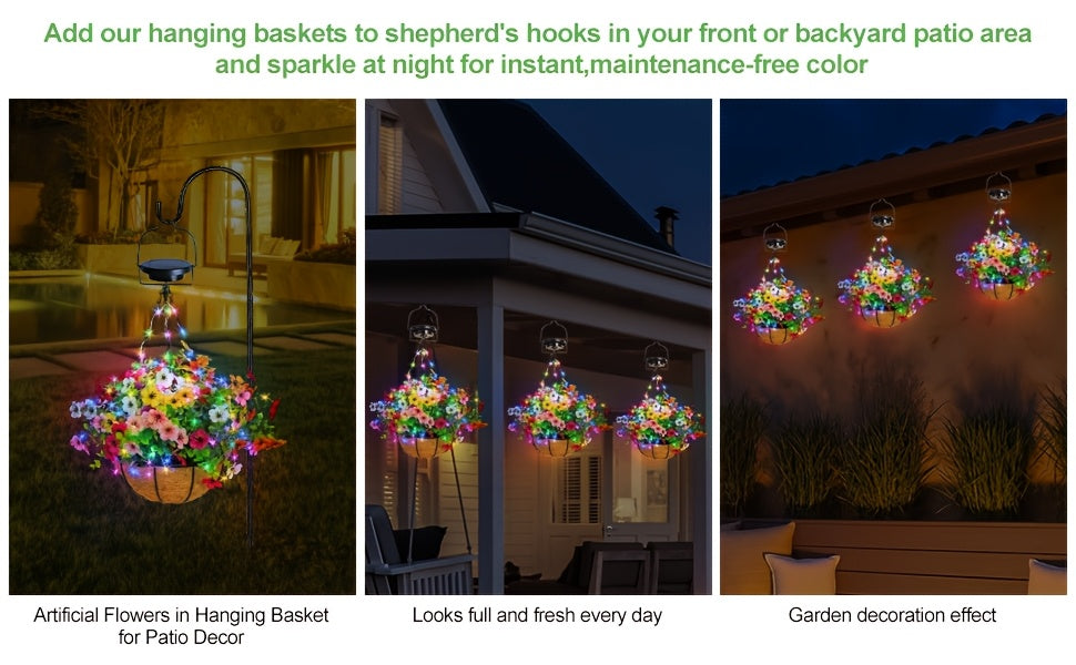 Solar Hanging Flower Baskets, Artificial Floral Decor with Coco Coir Liner and Listed 10-Inch Size, Multicolor Selection Labels for Porch and Patio Displays
