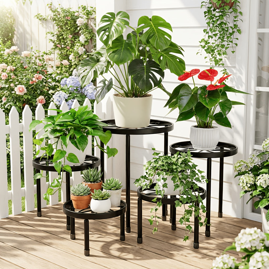 Metal Plant Stand Five-Piece Set with Listed Iron Construction, Separate Planter Holder Display Supply for Indoor Rooms, Garden Patios and Balcony Decor