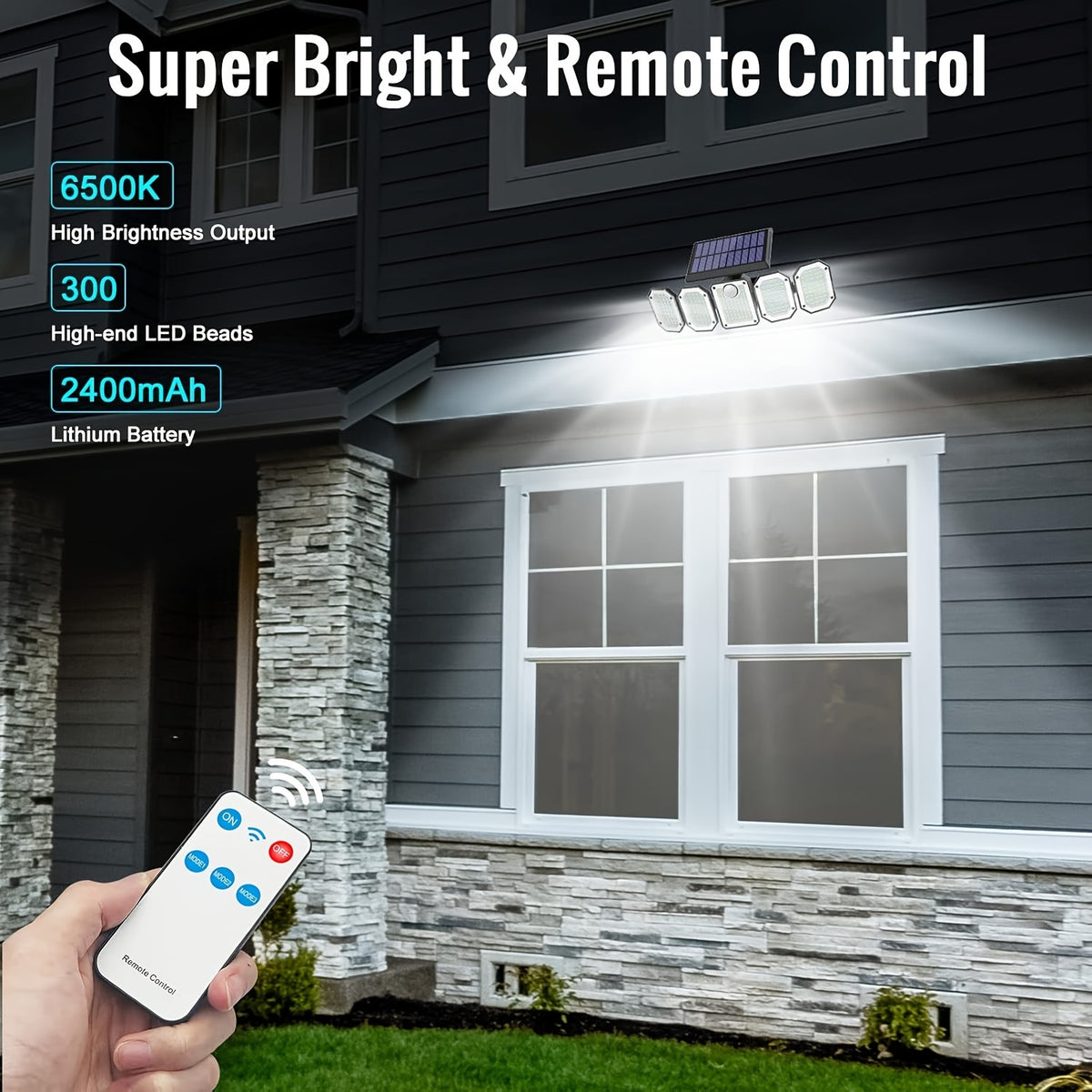 Five-Head Solar Motion Sensor Light with Listed 300 LEDs, 6500K Color Temperature, Remote Control and IP65 Rating, Single-Piece Outdoor Floodlight for Yard and Garage