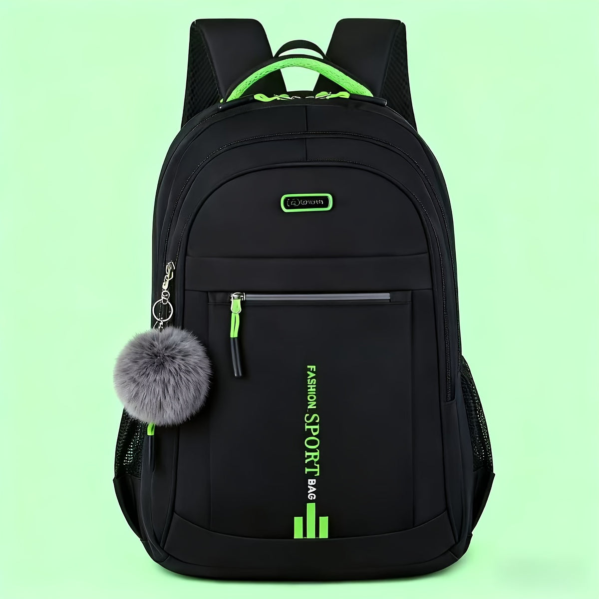Travel Backpack with Plush Ball Pendant for Men and Women, Nylon Multi-Compartment Carry Bag with Adjustable Shoulder Straps in Black, Blue, Green or Orange