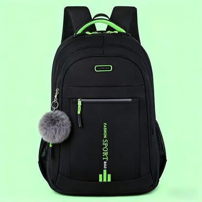 Travel Backpack with Plush Ball Pendant for Men and Women, Nylon Multi-Compartment Carry Bag with Adjustable Shoulder Straps in Black, Blue, Green or Orange