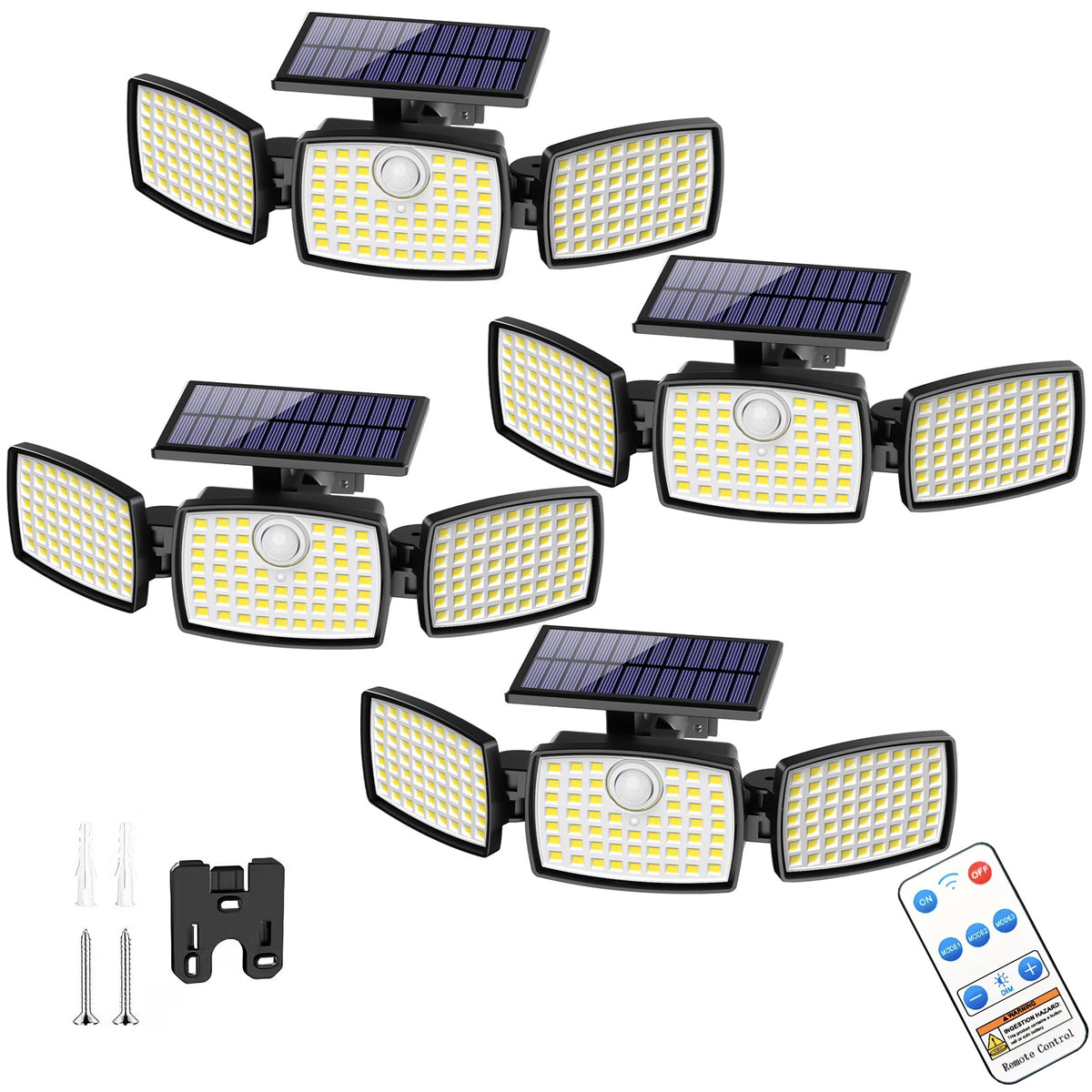 179-LED Solar Motion Sensor Lights with Three Adjustable Heads, Remote Control and Three Modes, Listed 2500 Lm Output in 2- or 4-Pack Options for Yard and Patio