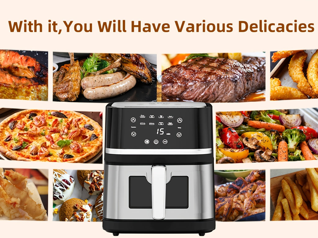 8Qt Digital Air Fryer, Stainless Steel 8-in-1 Cooker with Viewing Window, Touchscreen and 180-400°F Temperature, Dishwasher-Safe Non-Stick Basket, Large Family Size for Indoor Cooking, Black