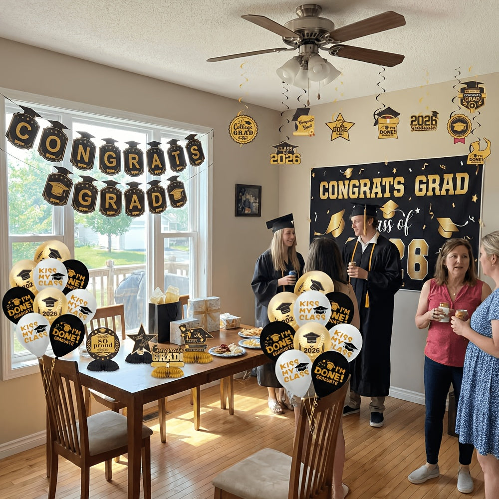 Graduation Party Decorations Class of 2026 Set with Backdrop Banner, Hanging Swirls, Balloons and Honeycomb Decor for Home Celebrations