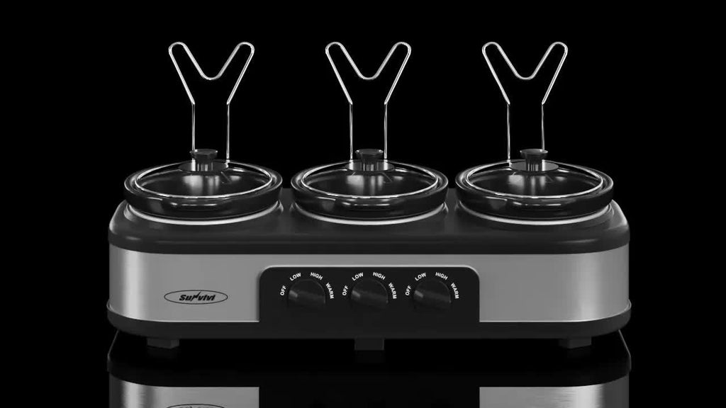 Triple Slow Cooker 3 x 1.5QT with Ceramic Pots and Glass Lids, 3 Cooking Settings, Buffet Server and Warmer for Parties and Family Gatherings