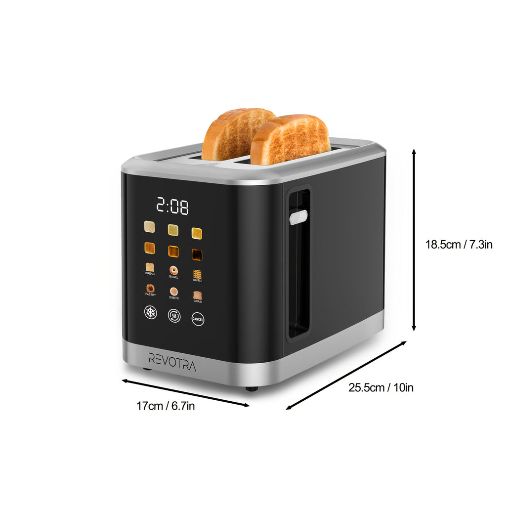 LED Display Breakfast Toaster in Black with Stainless Steel Construction, Wide Slots, Six Toasting Levels, Defrost, Heat and Cancel Functions and Crumb Tray
