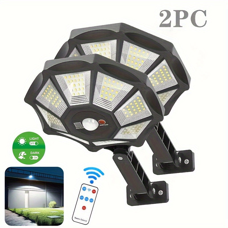 Octagonal Solar Motion Sensor Wall Lights, 2-Pack with 168-LED Design, 6500K Cool White Light, Remote Control and Three Lighting Modes for Yard and Barn